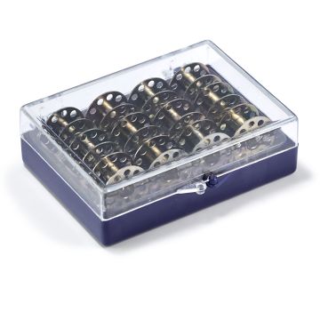 Bobbin box + 12 CB metal sew m/c bobbins 3 x 7 x 9 cm